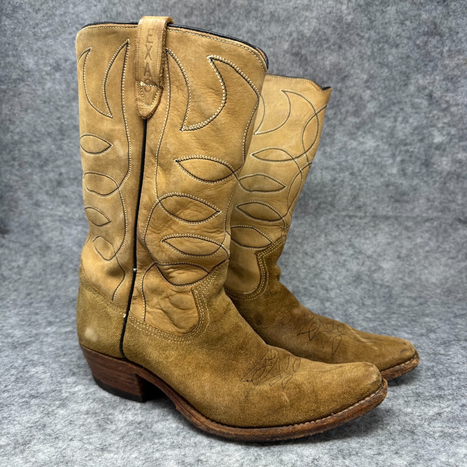Vtg Texas Ruff Out Cowboy Boots Mens Size 7.5d Usa Suede Western Tan 70s Leather